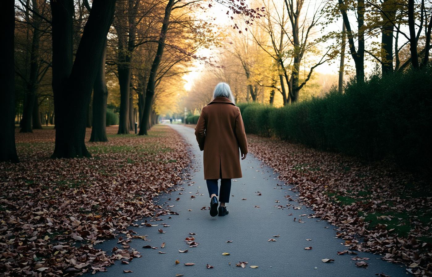 Osoba w wełnianym płaszczu idąca aleją parkową jesienią