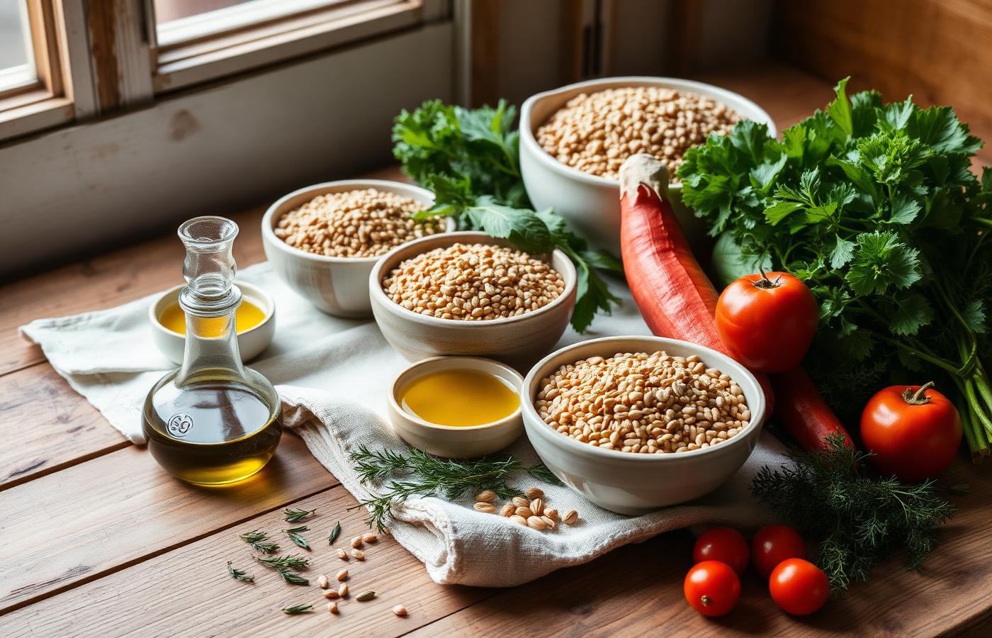 Naturalne produkty spożywcze — pełne ziarna, warzywa, oliwa z oliwek — w kuchennej scenerii